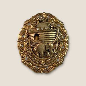 Gold-Tone Noahs Ark Brooch With Elephants & Rhinestones Oval Vintage Pin 2x1.5 I
